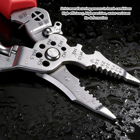 All In One Wire Stripper With Inductive Voltage Tester Pro Grade Electrician Cutting Tool in wet conditions, ergonomic grip close-up.