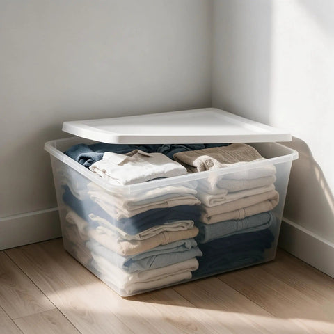 Kick Closet Clutter To The Curb With This Dang Sturdy 58 Quart Medium Clear Plastic Storage Bin Featuring A Secure Snap On Lid For Effortless Vertical Stacking And Hassle Free Toy Organization, filled with folded clothes.