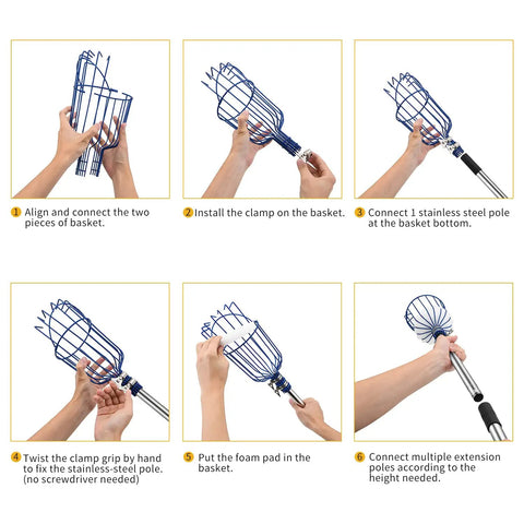 Step-by-step assembly of Adjustable Fruit Picker Tool With Telescoping Pole And Basket No Ladder Needed Reaches Up To 20 Feet Lightweight Stainless Steel Connecting Pole Foam Pad And Dual Clamps For Apples Oranges Pears And Other Tree Fruit.