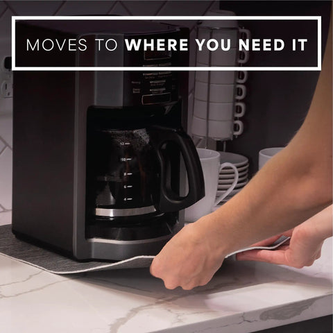 Absorbent Coffee Mat For Countertops 12 By 18 Inch Spill Catcher Pad under coffee maker on countertop.