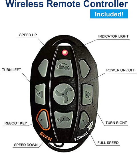 Wireless remote controller for Built Tough 12V 55 LB Electric Trolling Motor with speed control and function buttons.