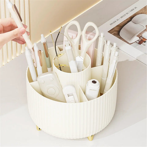 Rotating Desk Organizer With Six Compartments For Makeup Skincare Art Supplies And Office Gear Three Color Options Swivel Pen Holder And Multipurpose Storage For Markers Brushes Scraps And Essentials, cream white plastic desk caddy with pens and scissors