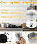 Smooth Electric Burr Coffee Grinder And Stainless Steel Spice Mill For Beans Peppers Herbs With Lightning Fast One Button Grinding And A Roomy 300ml Catch Cup Major Kitchen Flex with usage tips displayed.