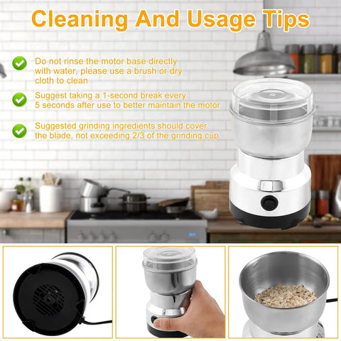 Smooth Electric Burr Coffee Grinder And Stainless Steel Spice Mill For Beans Peppers Herbs With Lightning Fast One Button Grinding And A Roomy 300ml Catch Cup Major Kitchen Flex with usage tips displayed.