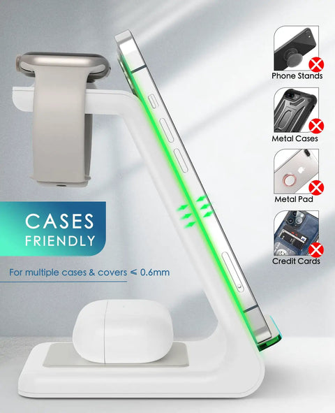 All In One Wireless Charging Station With Upgraded 2026 Fast Desk Charger showing phone, watch, AirPods charging setup.
