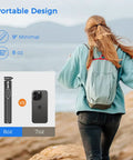 Woman walking with Go To 50 Inch Extendable Selfie Stick Tripod in backpack, comparison with smartphone weight and closed size shown.