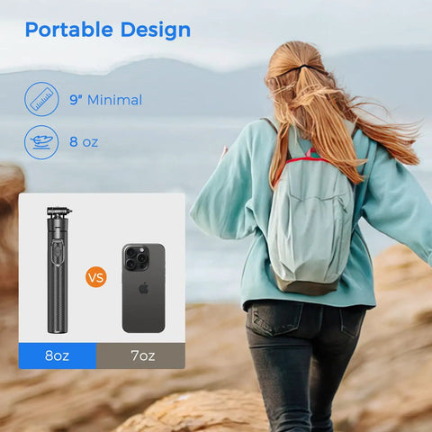 Woman walking with Go To 50 Inch Extendable Selfie Stick Tripod in backpack, comparison with smartphone weight and closed size shown.