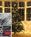 Outdoor LED Curtain Lights 30 Ft by 10 Ft With 720 LEDs, Plug In Hanging String Lights For Indoor And Outdoor Vibe, installed on a window next to a Christmas tree, night view