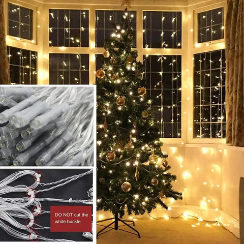 Outdoor LED Curtain Lights 30 Ft by 10 Ft With 720 LEDs, Plug In Hanging String Lights For Indoor And Outdoor Vibe, installed on a window next to a Christmas tree, night view