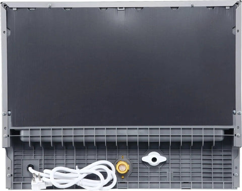 Compact Countertop Dishwasher Featuring Stainless Tub And Seven Quick Wash Options Handles Six Place Settings No Stress In Tight Spaces Energy Star Certified Silver Machine back view with plumbing connections.