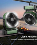 Beast Camping Fan With Light 20000mAh Battery Up To 112 Hours Run Time displayed on table and hanging by hook
