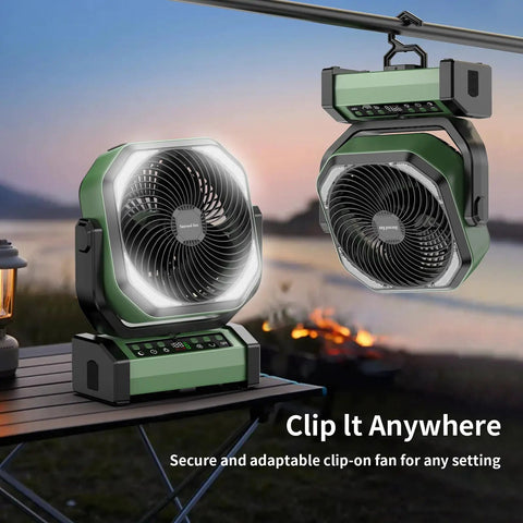 Beast Camping Fan With Light 20000mAh Battery Up To 112 Hours Run Time displayed on table and hanging by hook