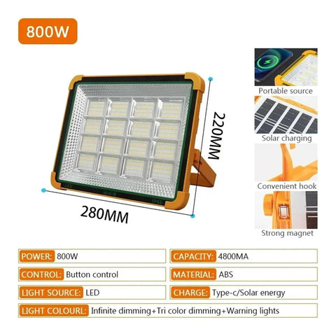 JUDYSSY 200-800W Outdoor Solar Led Floodlight Emergency Lighting Rechargeable Outdoor Camping Waterproof 800W with ABS material.
