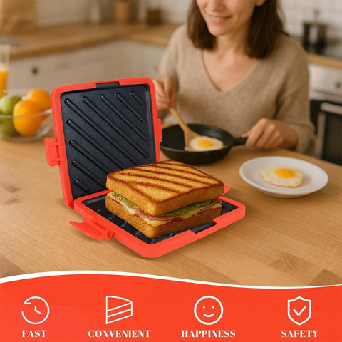 Three In One Microwave Toastie Sandwich Maker With Panini Press, red, open with grilled sandwich, kitchen setting