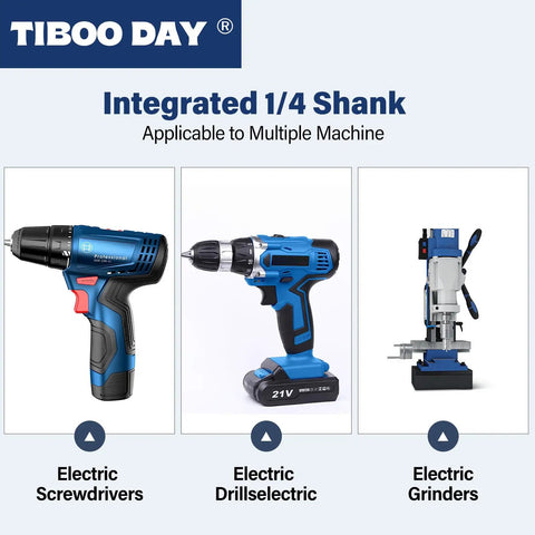 Electric screwdrivers, drillelectric, and grinders with integrated 1/4 shank displayed on white background.
