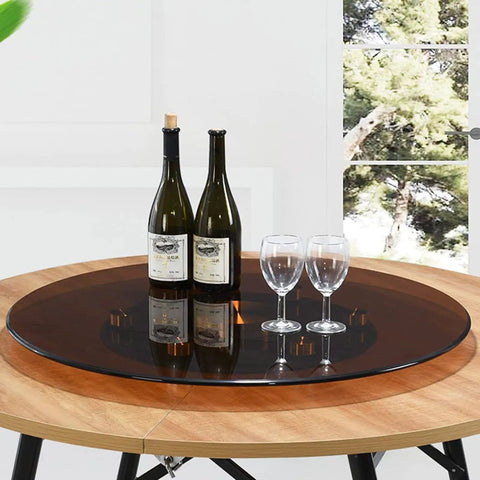 Round Lazy Susan Turntable For Kitchen And Dining Table, Heavy-Duty 9mm Tempered Glass Swivel Serving Tray with wine bottles and glasses