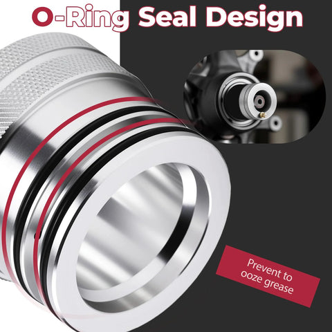 Close-up of a 44mm aluminum UTV wheel bearing greaser tool for Polaris RZR/Sportsman with red O-ring seals.