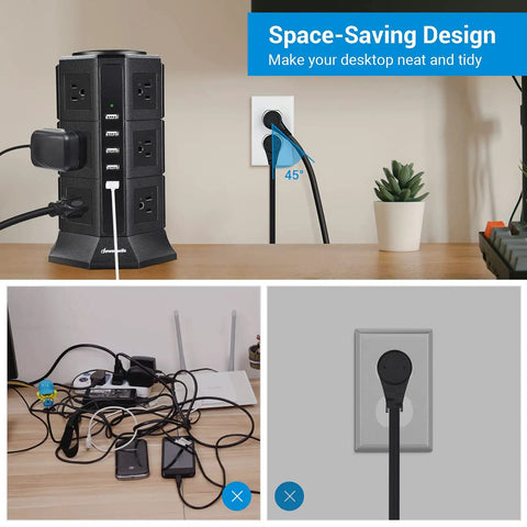 16Ft Power Strip Tower With 12 Outlets And 5 USB Ports ETL Surge Protector on desk with flat plug connected, showing space-saving design.
