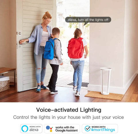 A family using 3 Way WiFi Smart Light Switches 4 Pack With 2.4GHz Connectivity for voice-activated lighting control.