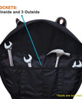 Inside view of Tough As Nails EV Cable Tote And Jumper Wire Storage Bag with tools in pockets, highlighting 4 inside and 3 outside pockets.