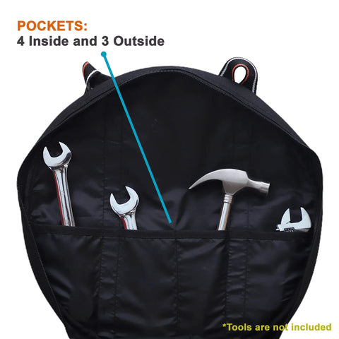 Inside view of Tough As Nails EV Cable Tote And Jumper Wire Storage Bag with tools in pockets, highlighting 4 inside and 3 outside pockets.