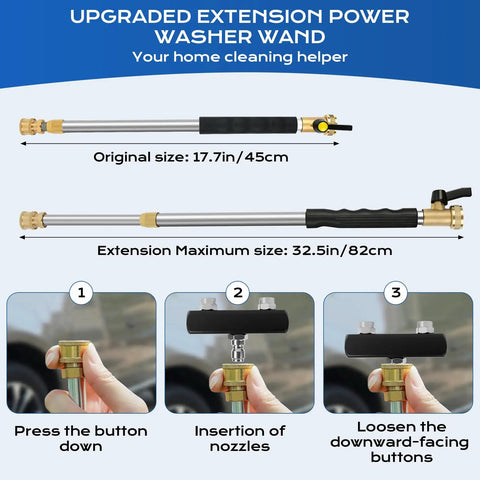 Extendable Power Washer Wand Kit With Dual Nozzles And Two Spray Jets, adjustable length from 17.7 to 32.5 inches.