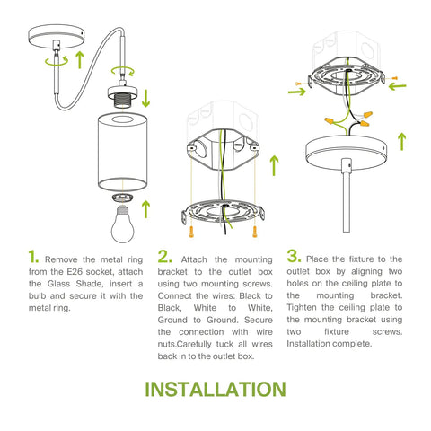 Installation diagram for Mini Pendant Ceiling Light Fixture 60W E26 Socket 120V with step-by-step instructions.