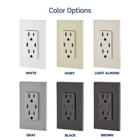 Dual USB Type-C PD In-Wall Charger With 15A Tamper-Resistant Outlet color options including white, ivory, light almond, gray, black, brown.