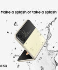 Galaxy Z Flip 3 5G Unlocked Android Cell Phone With 256GB Storage Flex Mode Super Steady Camera Ultra Compact Flip Device Phantom Black Us Version Fire Pocket Design Zero Hassle Unlock splashing in water