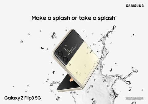 Galaxy Z Flip 3 5G Unlocked Android Cell Phone With 256GB Storage Flex Mode Super Steady Camera Ultra Compact Flip Device Phantom Black Us Version Fire Pocket Design Zero Hassle Unlock splashing in water