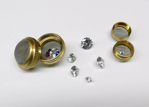 Built Tough Real Deal Ultrasonic Cleaner Baskets Set Of Two with brass frames and stainless steel mesh, containing various jewelry pieces.