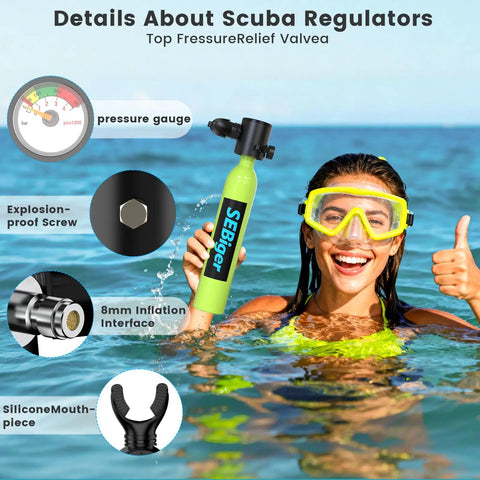 Woman using Zero Point Five L Mini Scuba Tank DOT Certified Reusable Lung Air Tank for Underwater Breathing in ocean