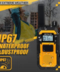 Badass Portable Waterproof Two Way Radio Featuring Rock Solid IP67 Protection And Snappy USB C Charging with droplets on yellow case.