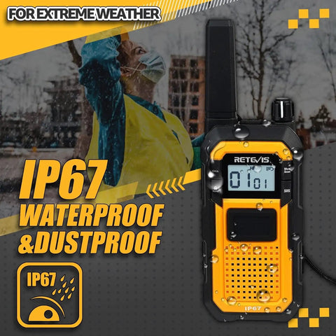 Badass Portable Waterproof Two Way Radio Featuring Rock Solid IP67 Protection And Snappy USB C Charging with droplets on yellow case.