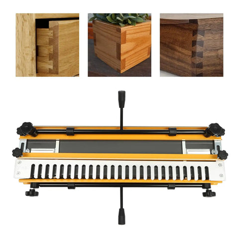 Heavy Duty 24 Inch Dovetail Jig For Router Woodworking With Anti Rust Aluminum Guide, showing detail of jig with assembled wooden joints.