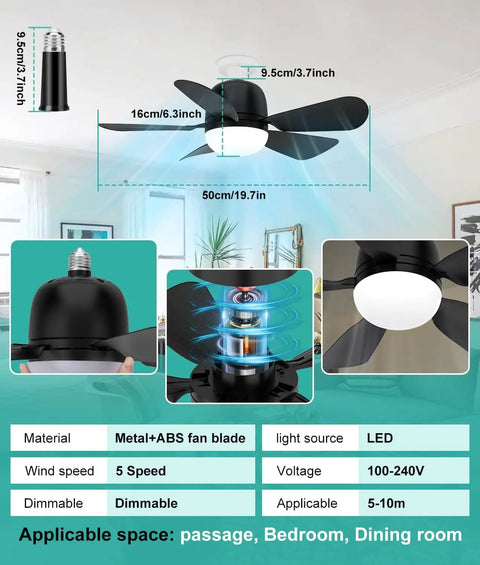 Socket Fan Light 20 Inch Ceiling Fan With Lights, 5 Speed, E26 E27 Base, Dimmable 3000K to 6500K, 3 Color Temperatures, diagram view