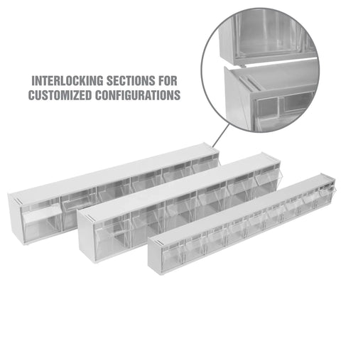 Clear Stackable Hardware Organizer Bins Set with interlocking sections for nails screws nuts bolts storage, showcasing 21 small bins.
