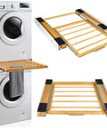 24 Inch Washer And Dryer Stacking Kit With Pull Out Shelf And Ratchet Strap, bamboo shelf detail and installation view