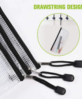Front view of Six Pack Plastic Zipper Pencil Pouches Set Waterproof And Tear Resistant Document Folders with drawstring design