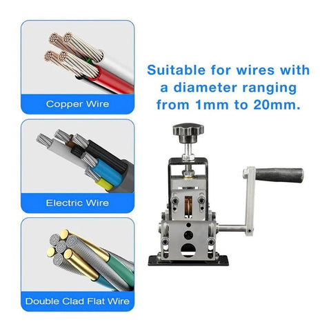 Heavy Duty Manual Electric Wire Stripping Machine For Scrap Copper Cable Peeling 1 To 20mm with wire types displayed.