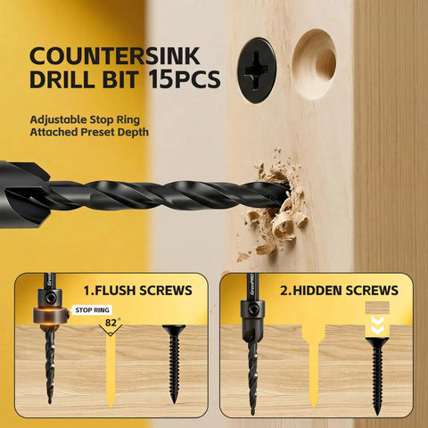 Close-up of 15 Piece Countersink Drill Bit Set With Magnetic Extension Bit Holder And Wood Plug Cutters For Woodworking