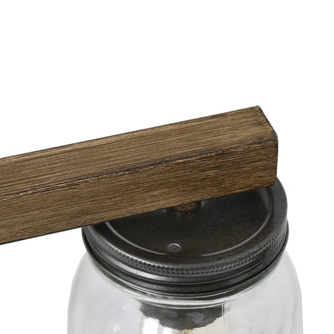 Close-up of Rustic Farmhouse Vanity Light With Mason Jar Glass Shades, faux wood finish and metal detail, 29-inch bathroom lighting