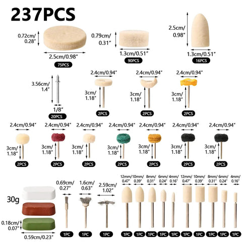 237-piece polishing buffing wheel kit showing various wool felt wheels and compounds for jewelry and metal work.