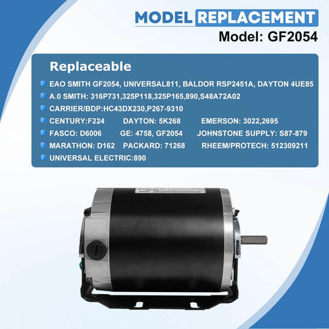 Half HP 115V 1725 RPM 48 Frame Blower Motor Replacement For AO Smith GF2054, compatible with multiple models, front view.