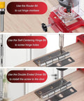 Pro Grade Durable Aluminum Door Hinge Jig Kit For Adjustable Mortise Template Fits 2.5 To 5 Inch Hinges With One Quarter Inch And Five Eighths Radius And Square Corners Router Jig With Precision Scale in use showing router bit, hinge bit, and driver bit for door installation.