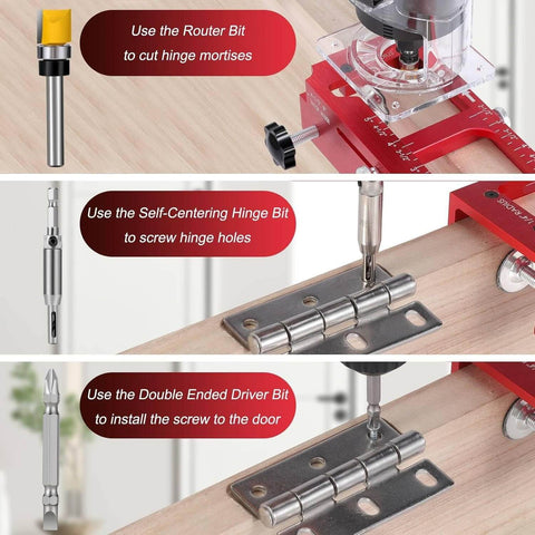 Pro Grade Durable Aluminum Door Hinge Jig Kit For Adjustable Mortise Template Fits 2.5 To 5 Inch Hinges With One Quarter Inch And Five Eighths Radius And Square Corners Router Jig With Precision Scale in use showing router bit, hinge bit, and driver bit for door installation.