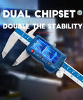 6 Inch Digital Caliper Stainless Steel Precision Measuring Tool With Advanced Dual Chip Large LCD Display 0.0005 Inch 0.01 mm Resolution And 0.001 Inch 0.02 mm Accuracy One Button Inch Millimeter Unit Switch Handy Workhorse Caliper, blue digital caliper close-up