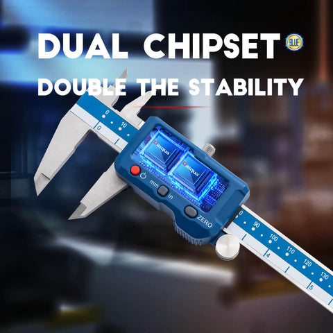 6 Inch Digital Caliper Stainless Steel Precision Measuring Tool With Advanced Dual Chip Large LCD Display 0.0005 Inch 0.01 mm Resolution And 0.001 Inch 0.02 mm Accuracy One Button Inch Millimeter Unit Switch Handy Workhorse Caliper, blue digital caliper close-up