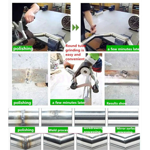 800W Professional Electric Tube Pipe Belt Polisher Sander Machine With Stainless Steel Round Rotation Arc in use on metal tubing.
