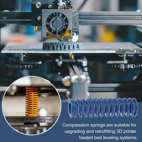 Six Piece Blue Compression Springs 38 Inch Od 2 Inch Length With Light Load Capacity For 3D Printers Molds And Mechanical Gear Repair Jobs Made From Tough Alloy Steel Wire For Durable Performance in a 3D printer setup.